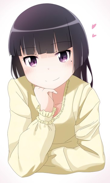 Anime picture 1000x1651 with ore no imouto ga konna ni kawaii wake ga nai gokou ruri suzumeko single long hair tall image looking at viewer blush black hair simple background smile white background purple eyes mole arm support mole under eye girl heart pajamas