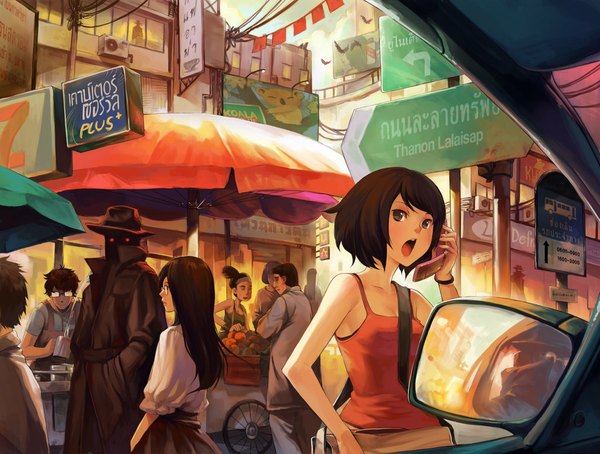 Anime picture 1024x776 with original asuka111 long hair short hair open mouth brown hair multiple girls grey eyes city casual girl boy hat glasses umbrella cloak fruit ground vehicle car phone