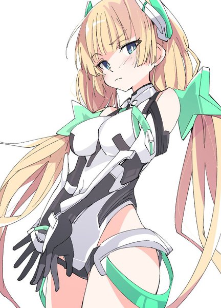 Anime picture 664x921 with expelled from paradise angela balzac ixy single long hair tall image looking at viewer blush breasts blue eyes light erotic blonde hair simple background white background twintails payot from below low twintails impossible clothes girl