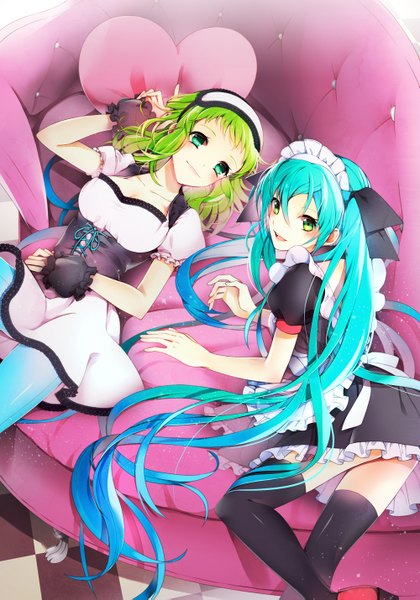 Anime picture 1000x1429 with vocaloid hatsune miku gumi hakusai (tiahszld) tall image looking at viewer short hair open mouth smile twintails multiple girls green eyes lying very long hair green hair aqua hair maid underbust girl thighhighs
