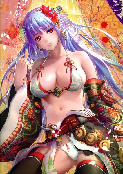 Anime picture 2876x4073 with momose hisashi single long hair tall image looking at viewer highres breasts light erotic red eyes blue hair hair flower girl thighhighs navel hair ornament flower (flowers) black thighhighs swimsuit bikini