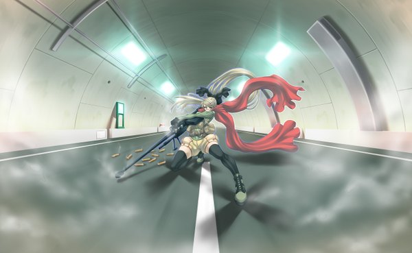 Anime picture 2803x1728 with teku (2nd escape) single long hair highres blonde hair wide image yellow eyes girl gloves hair ornament ribbon (ribbons) hair ribbon glasses shorts hairclip scarf gun shell casing tunnel