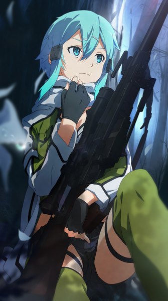 Anime picture 698x1250 with sword art online a-1 pictures asada shino m-ya single tall image short hair sitting looking away aqua eyes aqua hair girl gloves hair ornament weapon jacket hairclip scarf fingerless gloves gun