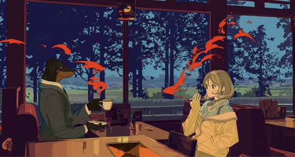 Anime picture 2048x1098 with original kogecha (coge ch) highres short hair blonde hair wide image sitting looking away indoors smoke hand in pocket girl plant (plants) animal tree (trees) cup cigarette dog cafe sketchbook