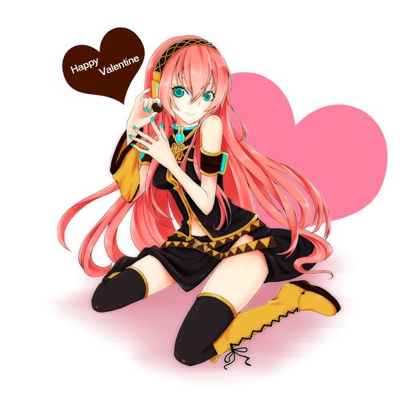Anime picture 1200x1200 with vocaloid megurine luka haiko (artist) single long hair simple background white background green eyes pink hair nail polish aqua eyes valentine girl thighhighs black thighhighs boots heart headphones