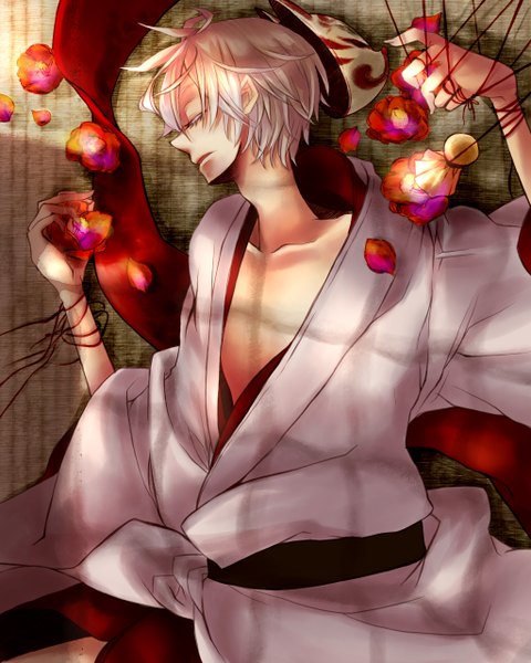 Anime picture 1024x1280 with akaya akashiya ayakashino yue (akaya akashiya ayakashino) mori (pixiv 2374181) single tall image short hair blonde hair lying eyes closed japanese clothes profile open clothes boy flower (flowers) petals thread red thread