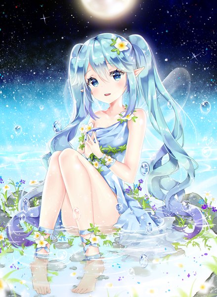 Anime picture 600x820 with vocaloid hatsune miku li.b (liebenib) single long hair tall image blush fringe blue eyes twintails bare shoulders blue hair parted lips barefoot hair flower pointy ears partially submerged wavy hair fantasy fairy