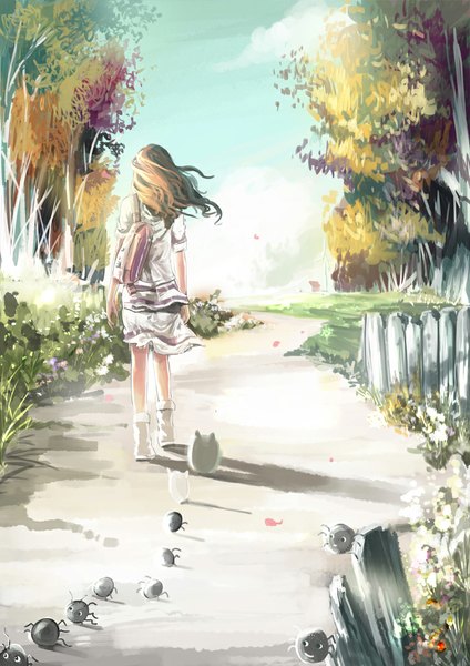 Anime picture 800x1131 with tonari no totoro original studio ghibli ooi choon liang single long hair tall image smile brown hair sky cloud (clouds) wind back walking weightlessness girl skirt flower (flowers) plant (plants) animal