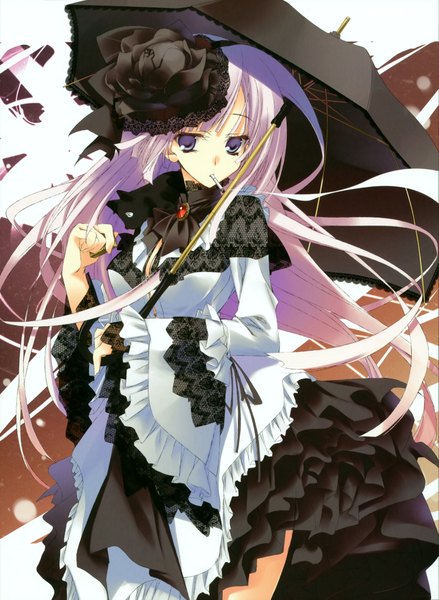 Anime picture 3099x4233 with tokyo cpe - gothic (artbook) kagome (traumatize) single long hair tall image highres standing purple eyes pink hair absurdres hair flower open clothes lolita fashion girl dress hair ornament frills headdress rose (roses) umbrella