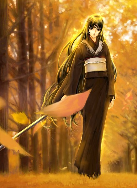 Anime picture 1407x1929 with ga-rei zero isayama yomi jian huang single long hair tall image black hair purple eyes japanese clothes nature girl weapon plant (plants) sword tree (trees) leaf (leaves)