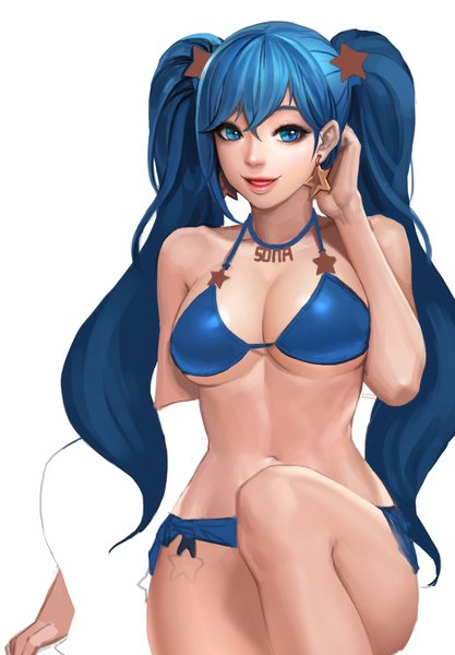 Anime picture 1436x2066 with league of legends sona buvelle ake (cherrylich) single long hair tall image looking at viewer blush breasts open mouth blue eyes light erotic simple background smile large breasts white background sitting twintails bare shoulders blue hair