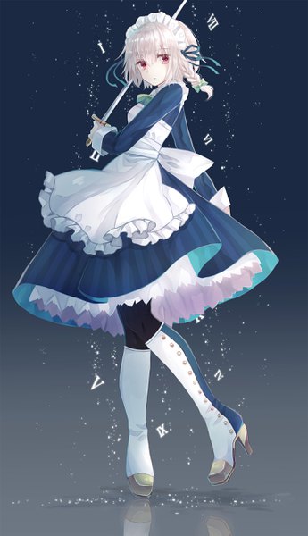 Anime picture 1500x2605 with touhou izayoi sakuya miyakure single tall image fringe short hair simple background hair between eyes red eyes holding looking away silver hair full body braid (braids) maid high heels gradient background single braid reflection