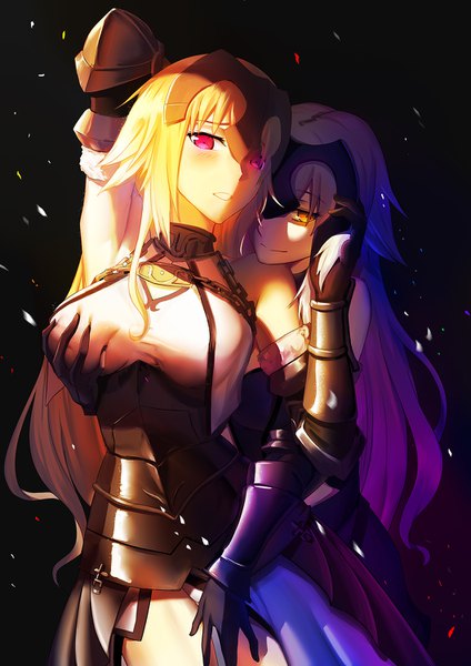 Anime picture 1060x1500 with fate (series) fate/grand order jeanne d'arc (fate) (all) jeanne d'arc alter (fate) jeanne d'arc (fate) jeanne d'arc alter (avenger) (third ascension) (fate) freze long hair tall image looking at viewer blush fringe breasts light erotic simple background blonde hair hair between eyes multiple girls yellow eyes silver hair