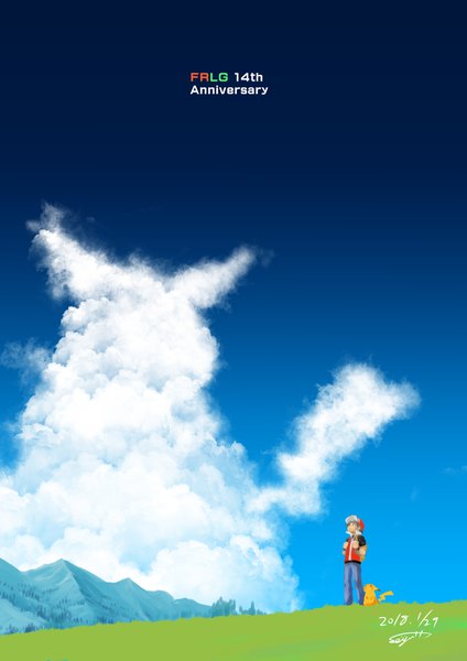 Anime picture 1518x2150 with pokemon nintendo pikachu red (pokemon) sei jun single tall image short hair black hair standing signed sky cloud (clouds) full body black eyes dated looking up mountain gen 1 pokemon 2018