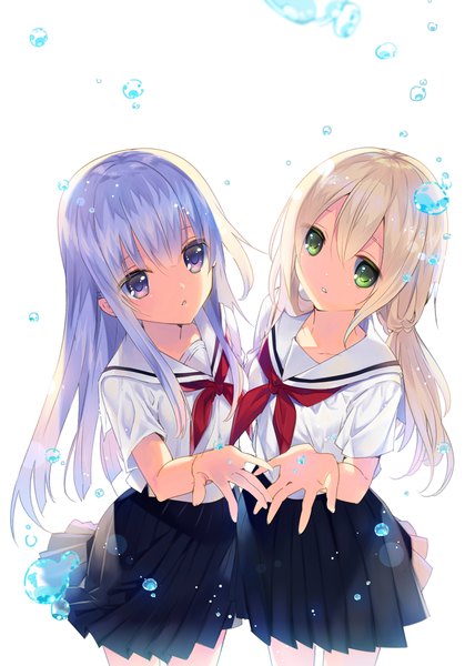 Anime picture 698x1000 with original rugo long hair tall image looking at viewer blonde hair purple eyes multiple girls green eyes blue hair girl skirt uniform 2 girls school uniform bubble (bubbles)