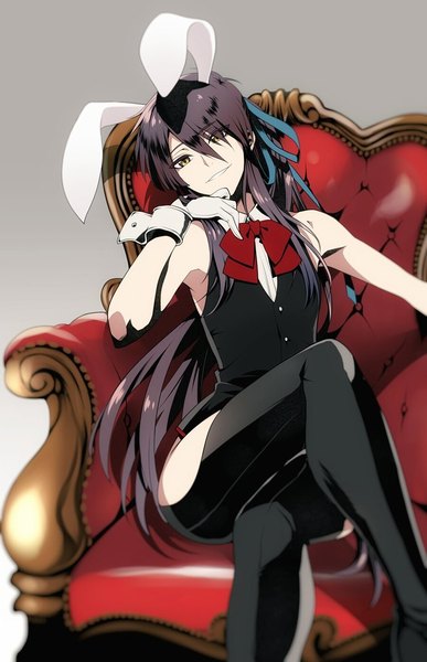 Anime picture 662x1024 with drifters nasu no yoichi fujiwara riyu single long hair tall image looking at viewer fringe black hair simple background smile hair between eyes bare shoulders animal ears yellow eyes ponytail head tilt light smile armpit (armpits) bunny ears