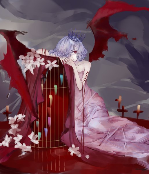 Anime picture 2448x2856 with touhou remilia scarlet kelou single tall image looking at viewer fringe highres short hair red eyes bare shoulders purple hair hair over one eye sad girl dress flower (flowers) wings blood crown