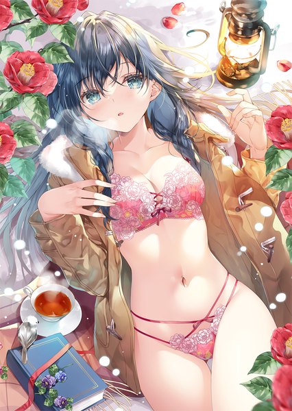 Anime picture 958x1350 with original miwabe sakura single long hair tall image looking at viewer blush fringe breasts open mouth blue eyes light erotic black hair hair between eyes cleavage outdoors lying from above open clothes on back