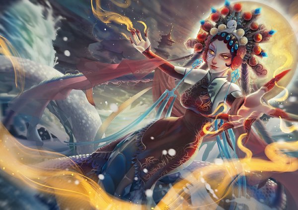 Anime picture 1114x788 with league of legends cassiopeia (league of legends) jue (artist) single looking at viewer black hair yellow eyes tail very long hair lips tattoo chinese clothes snake tail lamia girl headdress chinese dress