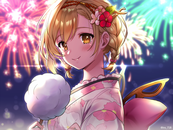 Anime picture 1000x750 with granblue fantasy gita (granblue fantasy) tyyni single blush short hair blonde hair smile signed yellow eyes upper body braid (braids) traditional clothes japanese clothes hair flower twitter username twin braids fireworks girl flower (flowers)