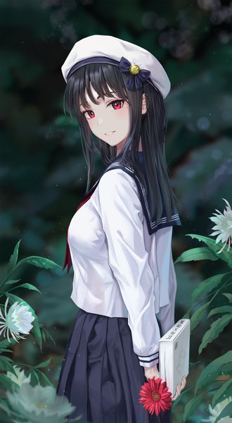 Anime picture 2171x3953 with original tooku0 single long hair tall image looking at viewer blush fringe highres black hair smile red eyes standing holding outdoors blunt bangs long sleeves parted lips pleated skirt mole