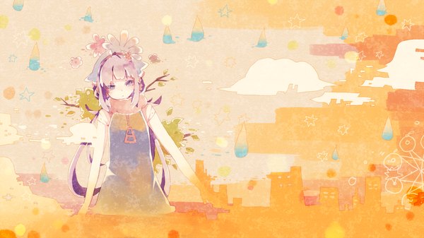 Anime picture 1062x597 with original itamidome single short hair wide image blue hair girl dress plant (plants) star (symbol)