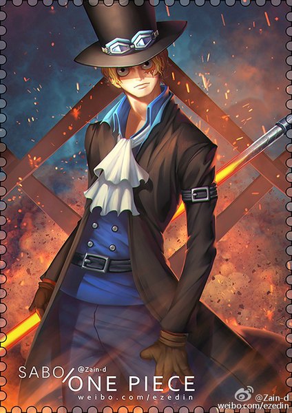 Anime picture 650x919 with one piece toei animation sabo (one piece) zhang ding single tall image looking at viewer short hair blonde hair standing holding signed black eyes open clothes copyright name character names scar shaded face boy gloves