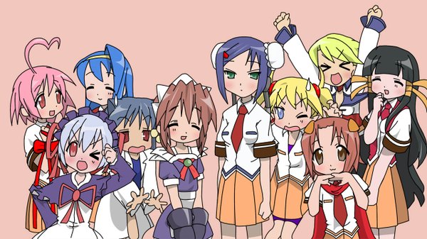 Anime picture 1280x720 with lucky star arcana heart kyoto animation izumi konata hiiragi kagami hiiragi tsukasa takara miyuki kusakabe misao kobayakawa yutaka iwasaki minami tamura hiyori patricia martin minegishi ayano daidouji kira konoha (arcana) lilica felchenerow mildred avallone aino heart wide image parody