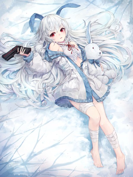 Anime picture 3000x4000 with original crystalherb single long hair tall image blush fringe highres open mouth hair between eyes red eyes bare shoulders holding animal ears looking away full body outdoors white hair lying long sleeves