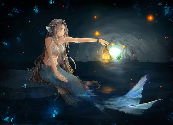 Anime picture 812x590 with original akemori kiko single blue eyes brown hair sitting looking away very long hair profile outstretched arm glowing river monster girl girl bracelet insect lantern fireflies mermaid cave