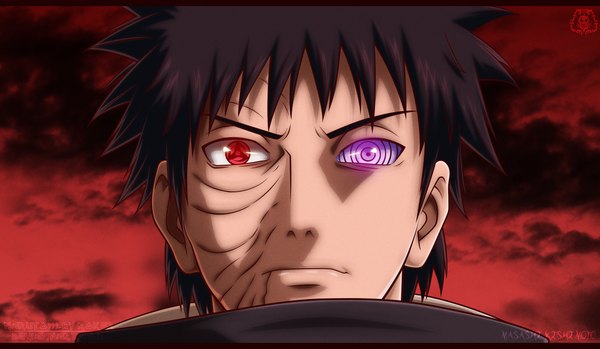 Anime picture 1365x795 with naruto studio pierrot naruto (series) uchiha obito tobi naruto999-by-roker single short hair black hair red eyes wide image purple eyes sky cloud (clouds) heterochromia coloring portrait scar close-up face