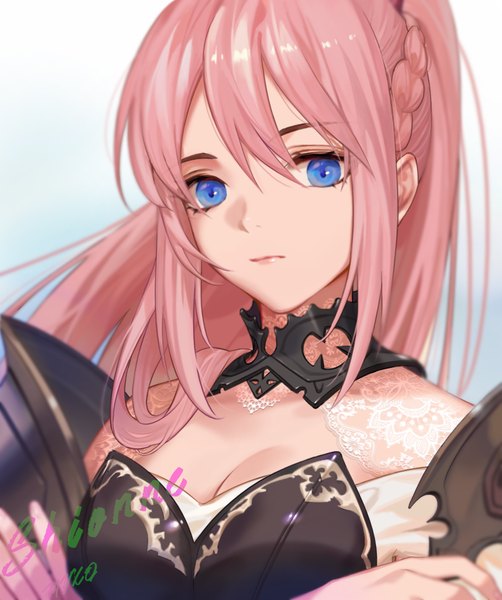 Anime picture 856x1024 with tales of (series) tales of arise shionne (tales) peach luo single long hair tall image fringe blue eyes hair between eyes pink hair cleavage upper body ponytail character names portrait girl