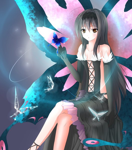 Anime picture 1100x1250 with accel world sunrise (studio) kuroyukihime single long hair tall image black hair sitting bare shoulders brown eyes insect wings butterfly wings girl dress gloves elbow gloves insect butterfly