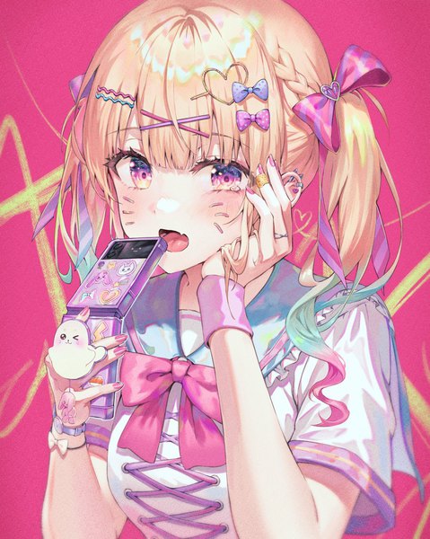 Anime picture 1000x1252 with original tokkyu single tall image looking at viewer blush fringe open mouth simple background blonde hair purple eyes twintails holding pink hair upper body blunt bangs braid (braids) nail polish multicolored hair fingernails