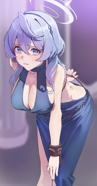 Anime picture 2250x4300 with blue archive ako (blue archive) ako (dress) (blue archive) gubbi on single long hair tall image looking at viewer fringe highres breasts blue eyes light erotic hair between eyes large breasts blue hair cleavage leaning leaning forward official alternate costume