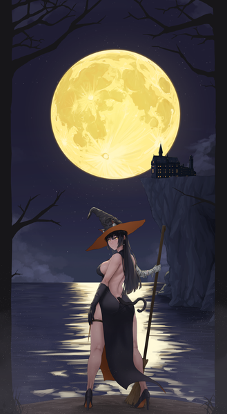 Anime picture 1976x3600 with original dryseaweed long hair tall image looking at viewer highres breasts light erotic black hair large breasts standing animal ears yellow eyes full body tail animal tail looking back cat ears night cat girl