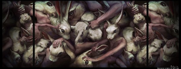 Anime picture 1280x494 with original ryohei hase wide image wallpaper battle panorama horror boy animal bunny