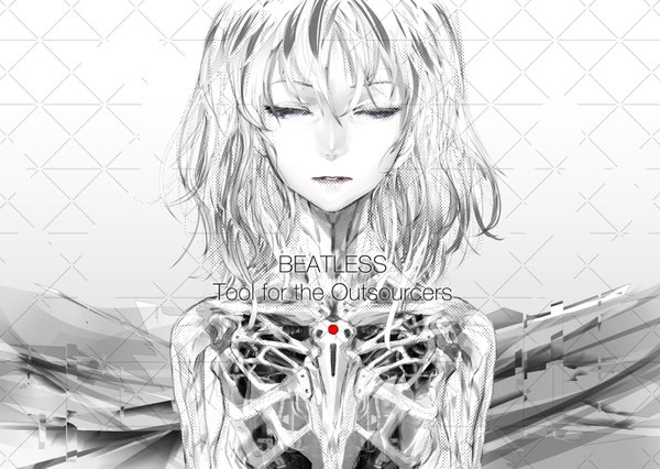 Anime picture 1600x1137 with beatless redjuice single fringe short hair open mouth eyes closed inscription text monochrome close-up girl mecha