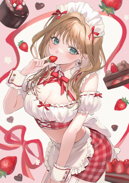Anime picture 1157x1637 with original anoa single long hair tall image looking at viewer blush breasts blue eyes light erotic brown hair large breasts cleavage midriff eating valentine girl detached sleeves earrings food