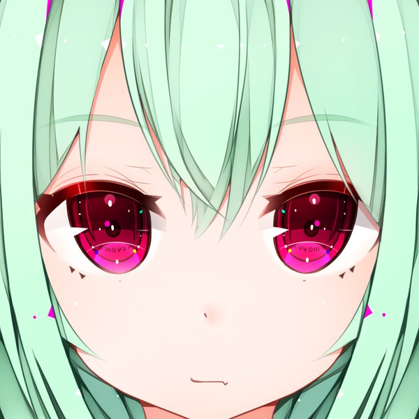 Anime picture 1000x1000 with original amepon single looking at viewer fringe hair between eyes pink eyes green hair fang (fangs) symbol-shaped pupils close-up face girl