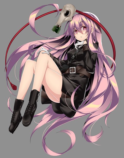 Anime picture 826x1047 with touhou hata no kokoro sakurame single tall image fringe simple background hair between eyes pink hair full body very long hair pink eyes grey background alternate costume crossed legs hand on knee military girl gloves uniform