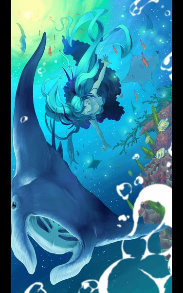 Anime picture 1108x1768 with vocaloid shinkai shoujo (vocaloid) hatsune miku iroguro single tall image open mouth twintails very long hair aqua eyes aqua hair underwater girl dress plant (plants) water black dress bubble (bubbles) fish (fishes) coral