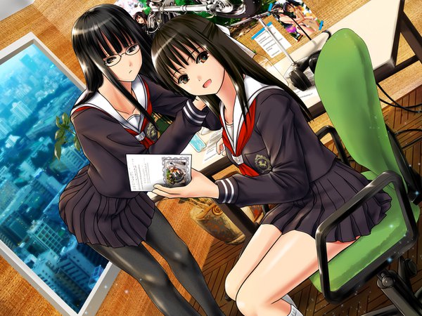 Anime picture 1280x960 with original ano hito long hair looking at viewer fringe open mouth black hair brown hair sitting multiple girls brown eyes payot blunt bangs pleated skirt black eyes leaning leaning forward girl skirt uniform