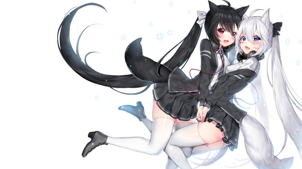 Anime picture 3840x2160 with original ia (ias1010) looking at viewer blush fringe highres breasts open mouth blue eyes light erotic black hair simple background smile hair between eyes red eyes wide image white background twintails multiple girls animal ears