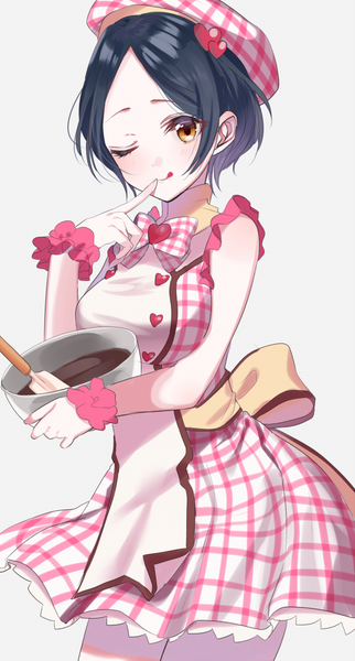 Anime picture 537x1000 with idolmaster idolmaster cinderella girls hayami kanade sinsihukunokonaka single tall image looking at viewer short hair black hair simple background brown eyes one eye closed grey background finger to mouth plaid wrist scrunchie girl food heart sweets