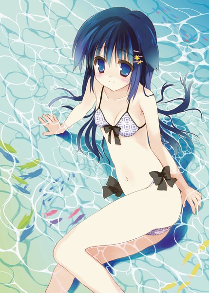 Anime picture 1481x2071 with original sacchi single long hair tall image looking at viewer blue eyes light erotic bare shoulders animal ears blue hair girl navel hair ornament swimsuit bikini sea bobby pin fish (fishes) star hair ornament