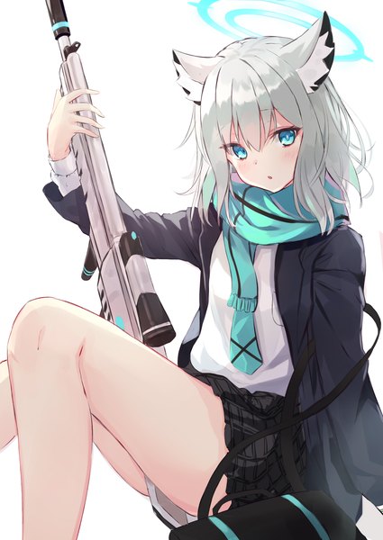 Anime picture 2507x3541 with blue archive shiroko (blue archive) mikami hotaka single tall image looking at viewer fringe highres short hair simple background hair between eyes white background sitting animal ears silver hair aqua eyes girl skirt uniform weapon