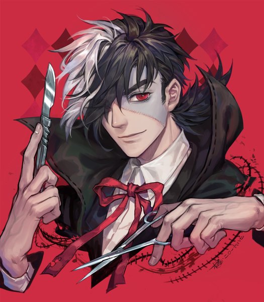 Anime picture 1320x1507 with black jack hazama kuroo fan ju single tall image fringe short hair black hair simple background smile red eyes white hair multicolored hair fingernails hair over one eye two-tone hair portrait eyebrows red background rhombus