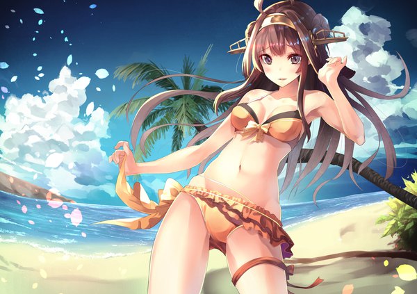 Anime picture 2006x1416 with kantai collection kongou battleship saraki single long hair fringe highres light erotic brown hair standing brown eyes payot looking away sky cloud (clouds) ahoge arm up wind beach groin