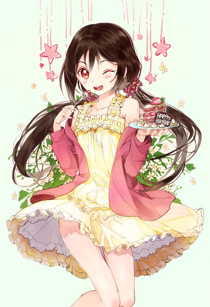 Anime picture 700x1020 with love live! school idol project sunrise (studio) love live! yazawa nico macciatto (aciel02) single long hair tall image looking at viewer open mouth black hair red eyes twintails one eye closed wink off shoulder low twintails alternate hairstyle ;d happy birthday